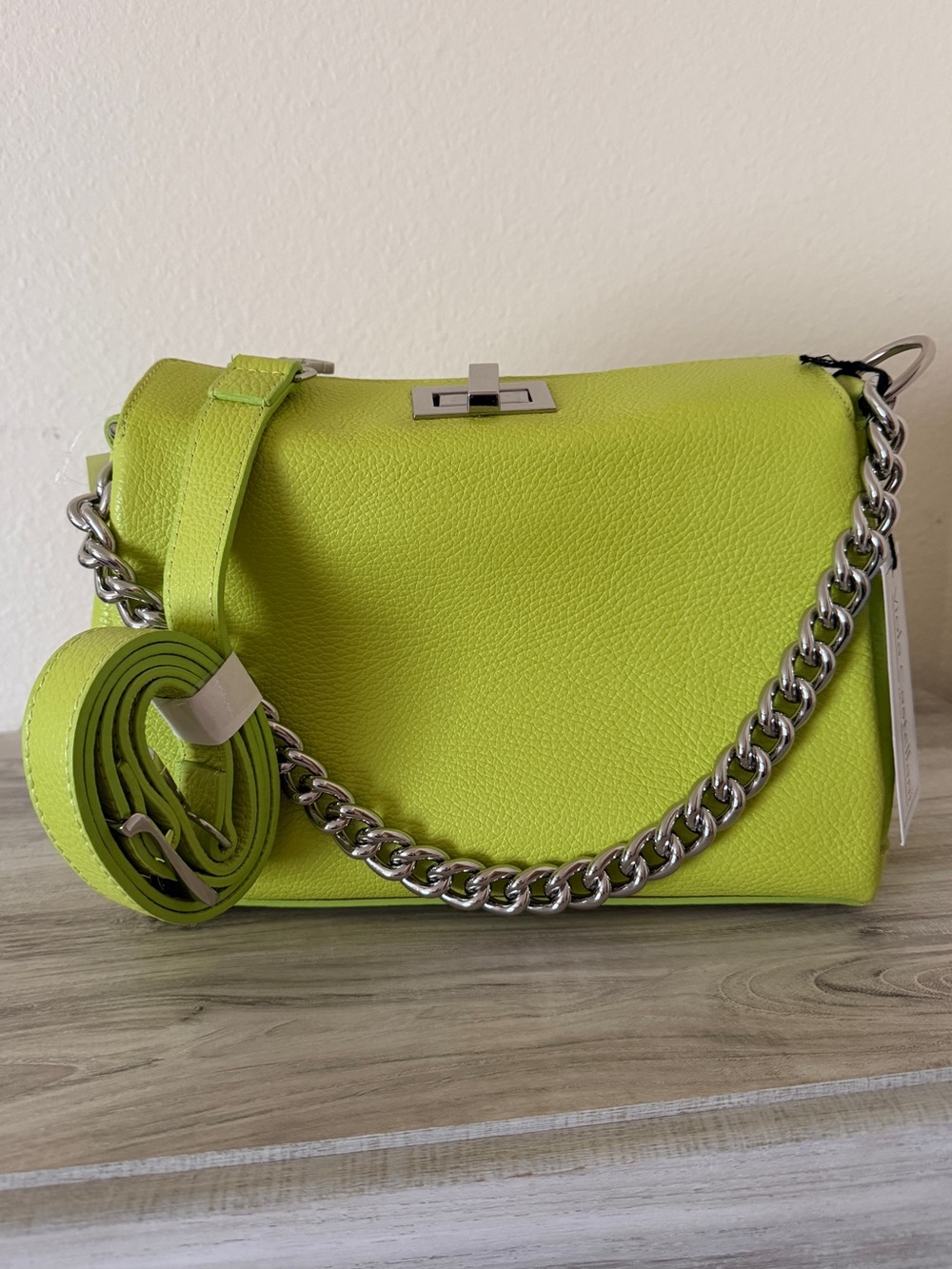 Viola Castellani Chartreuse Leather Bag with Silver Chain - Picture 2 of 15